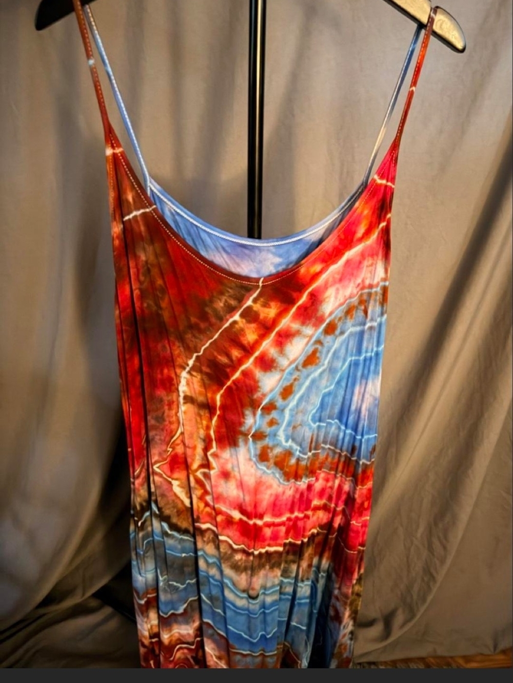 Vibrant Tie-Dye Maxi Dress in Red, Blue & Brown